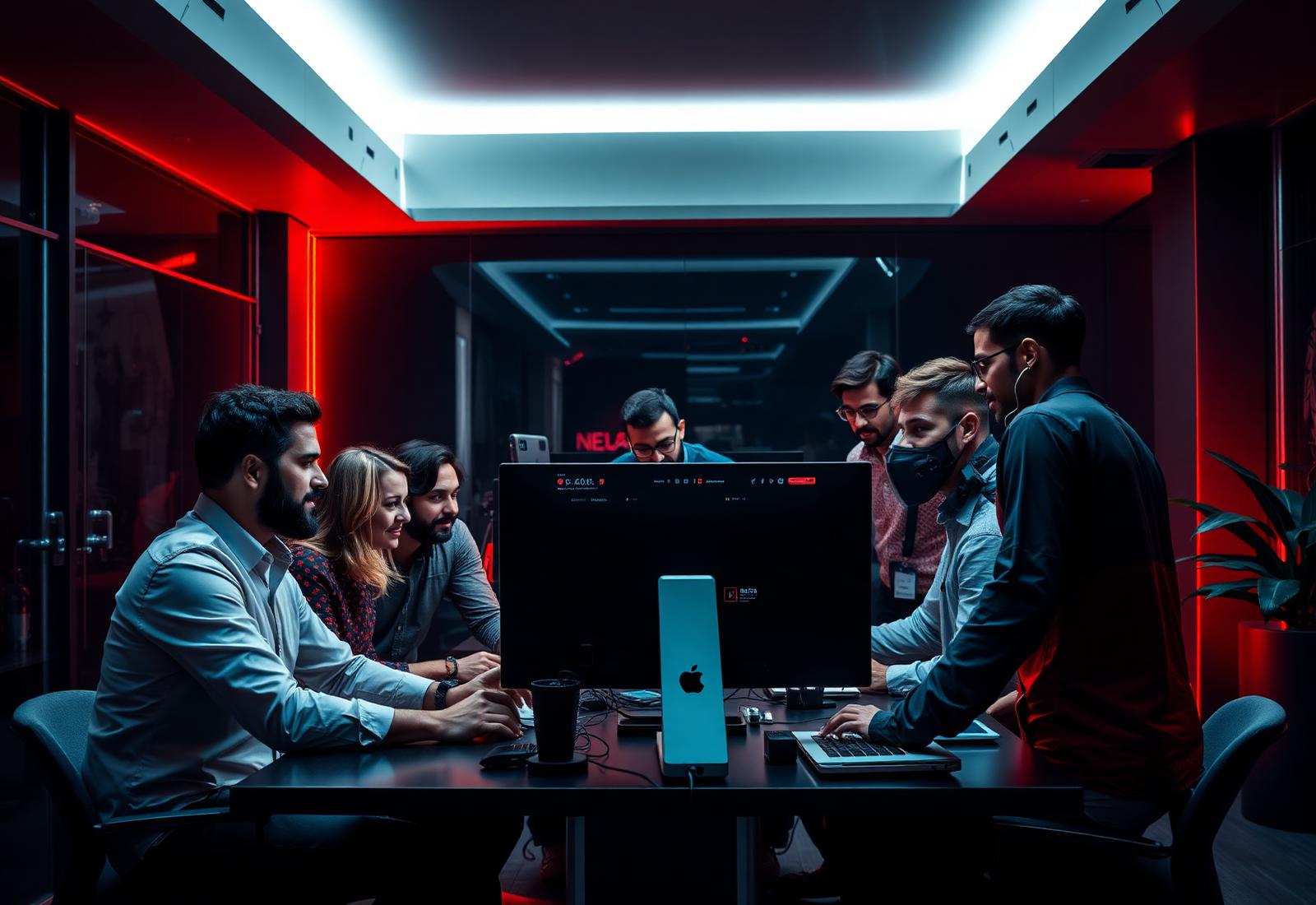 The RGE Media team collaborating in studio